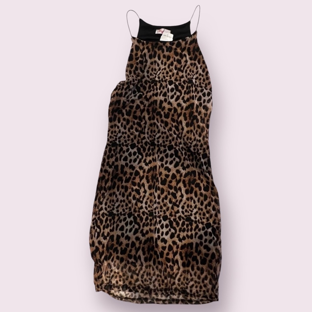 💎 2/$10 Mesh Leopard Halter Sleeveless Mini Slip Dress Black Tiny Straps
